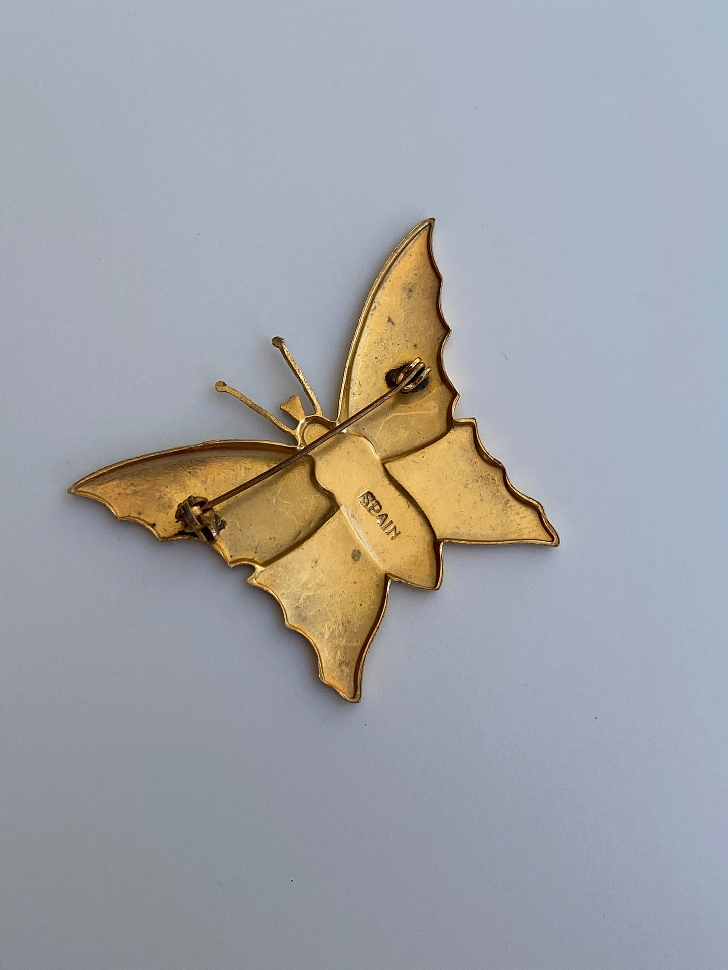 Vintage Spanish Damascene Style Butterfly Brooch Gold & Black Enamel Floral Pin