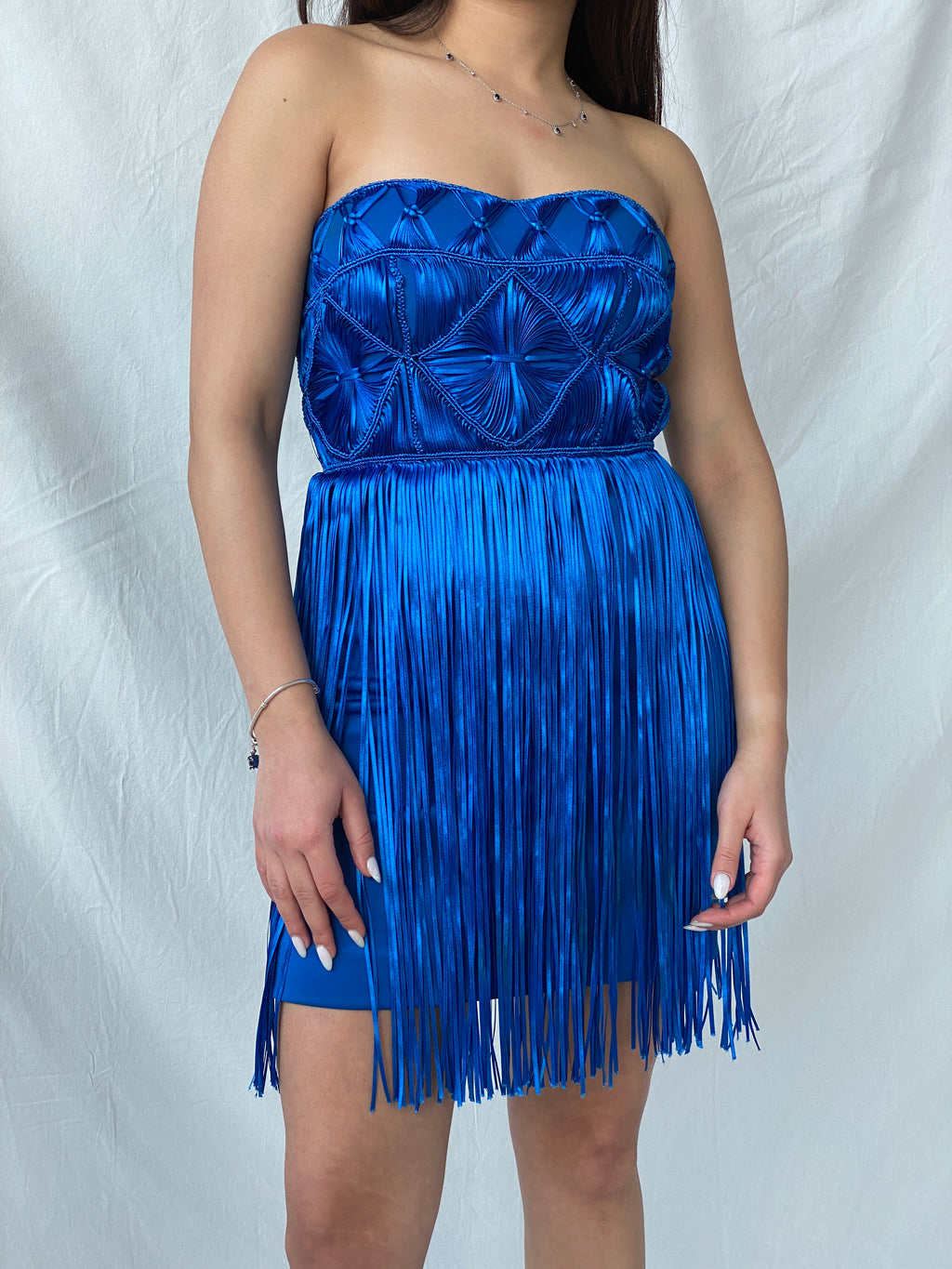 فستان بيبي Y2K أزرق ملكي بدون حمالات - مقاس XS