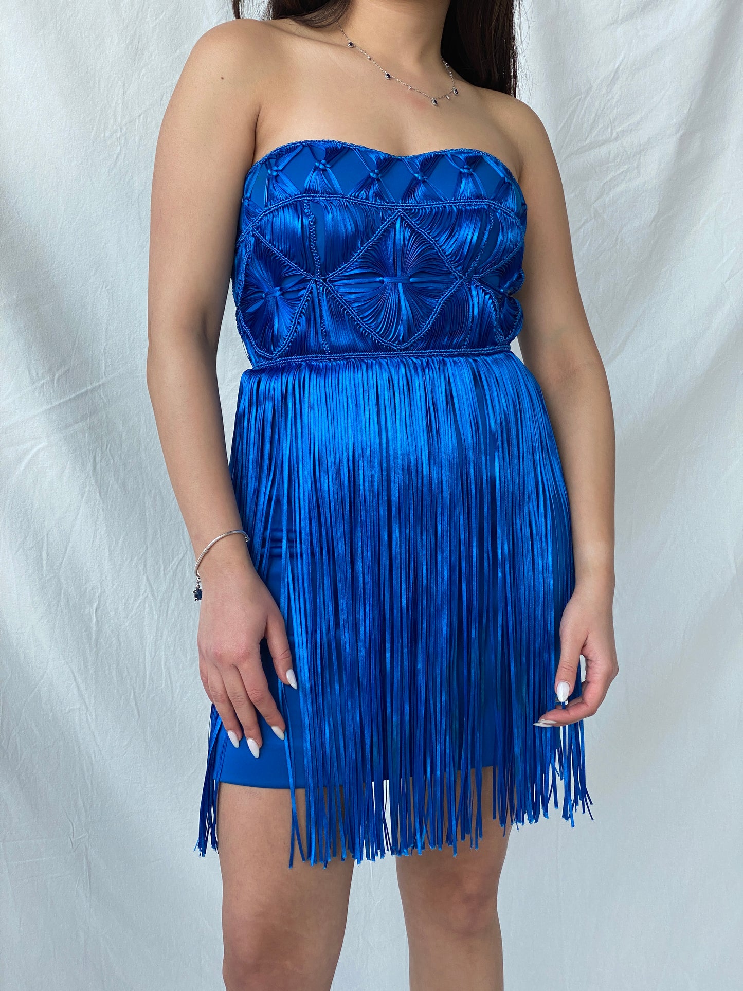 Y2K Bebe Royal Blue Fringe Strapless Mini Tube Dress - XS