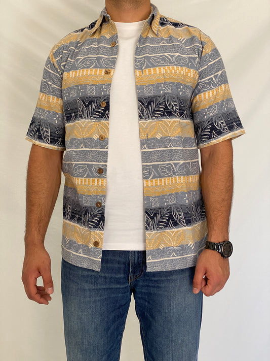 Vintage 90s St. John’s Bay Blue & Beige Linen Blend Tropical Print Shirt - S