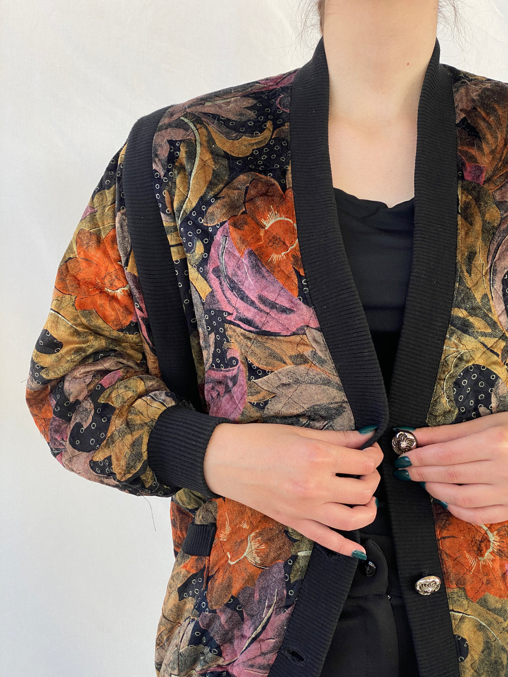 Vintage 90s Velvet Floral Tapestry Bomber Jacket - L