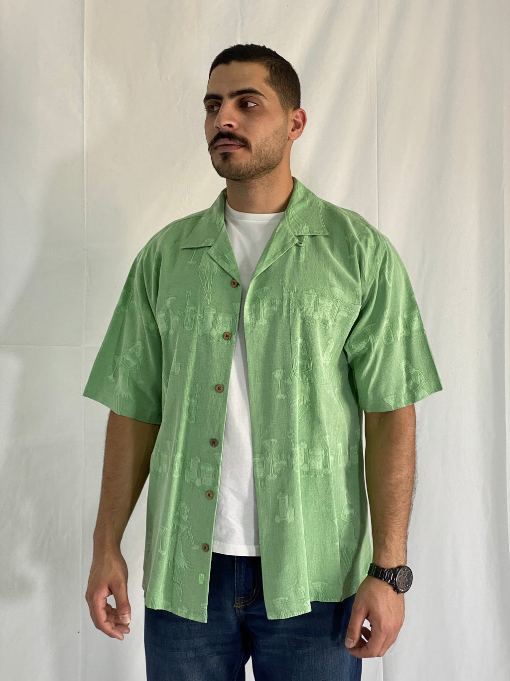 Vintage Tommy Bahama Silk Green Hawaiian Camp Shirt – Cocktail & Hula Print Men’s Shirt - L