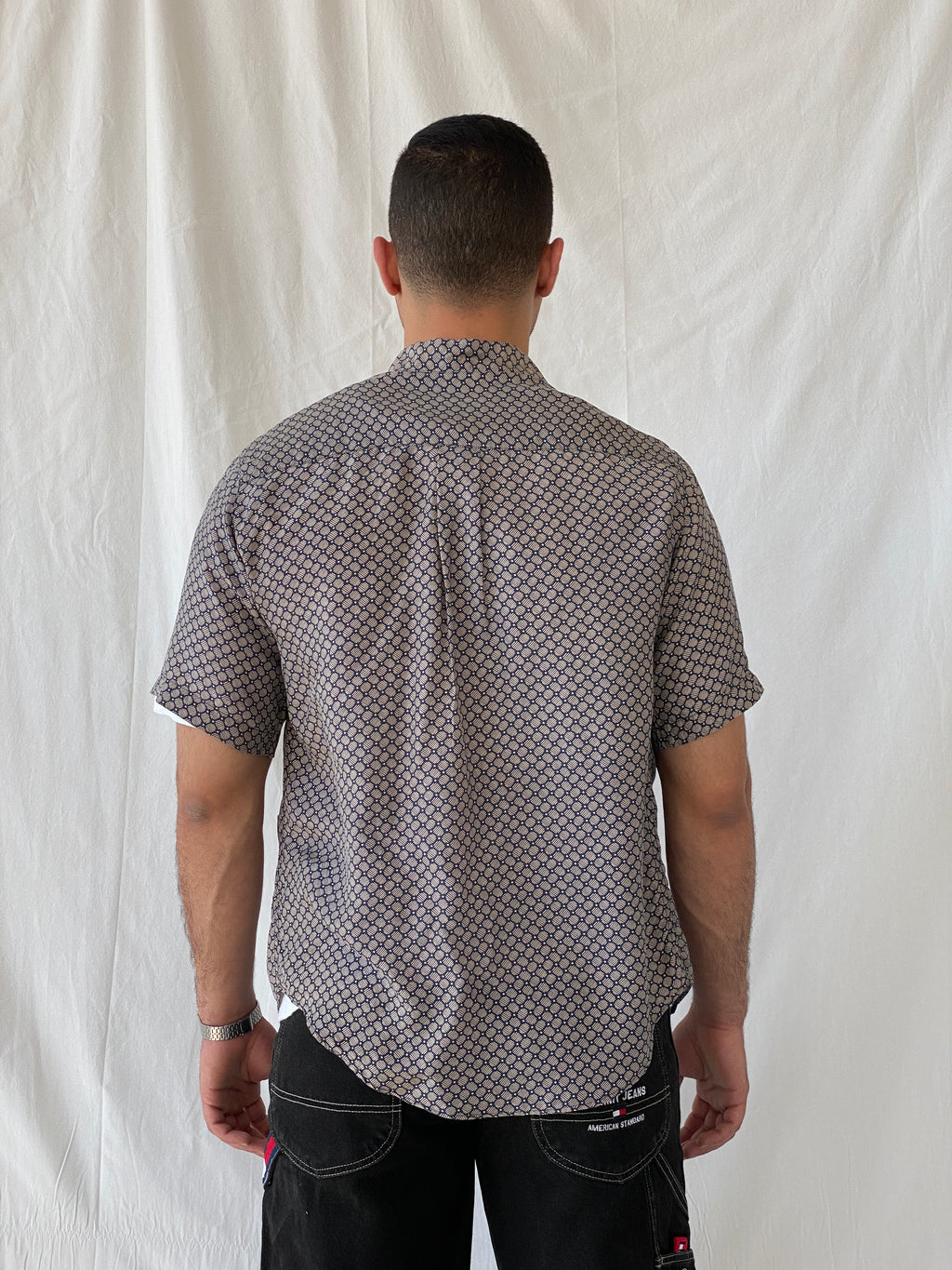 Vintage SILK UOMO by NAK Men’s Beige Navy Short Sleeve Silk Shirt - S