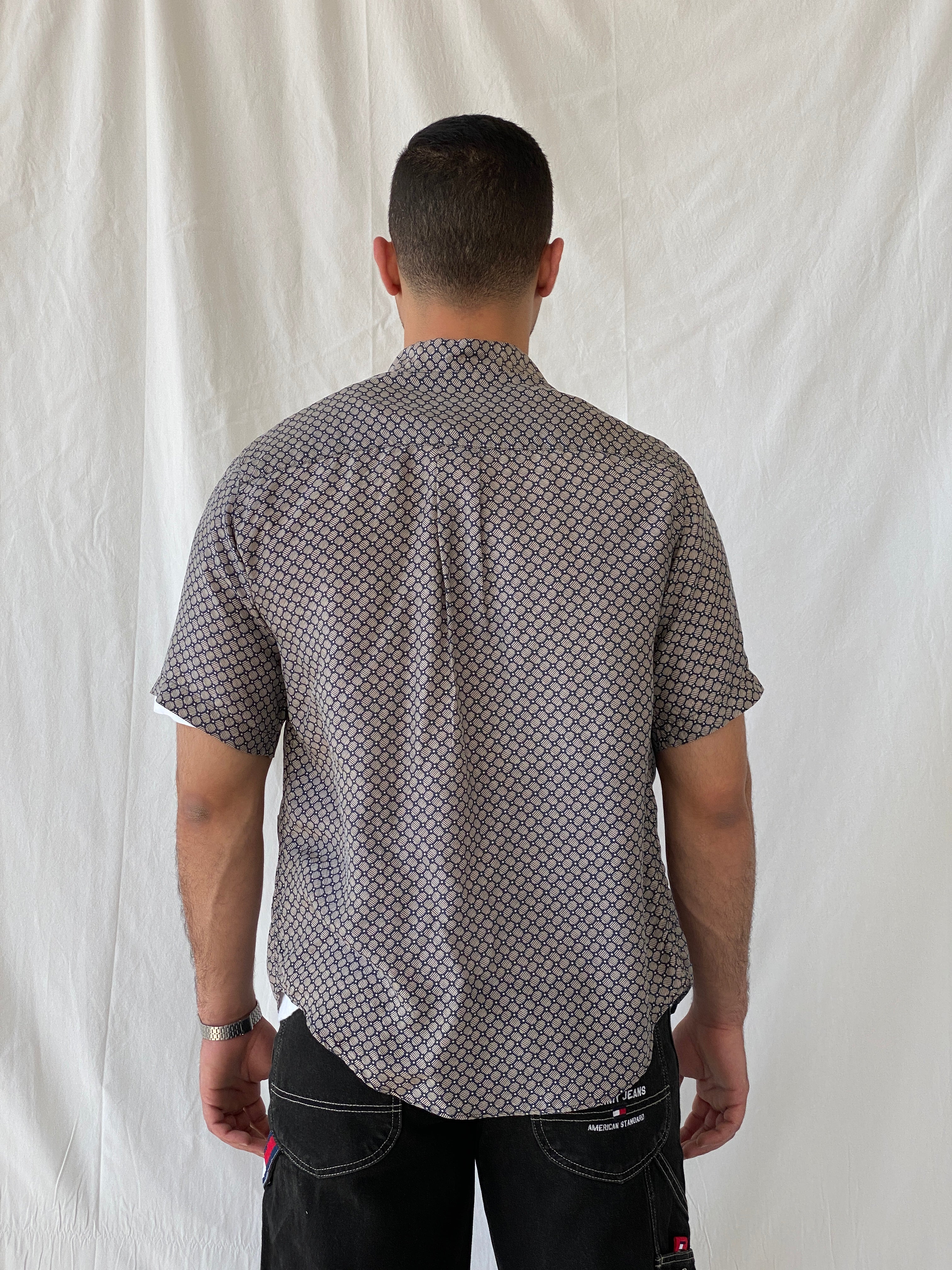 Vintage SILK UOMO by NAK Men’s Beige Navy Short Sleeve Silk Shirt - S