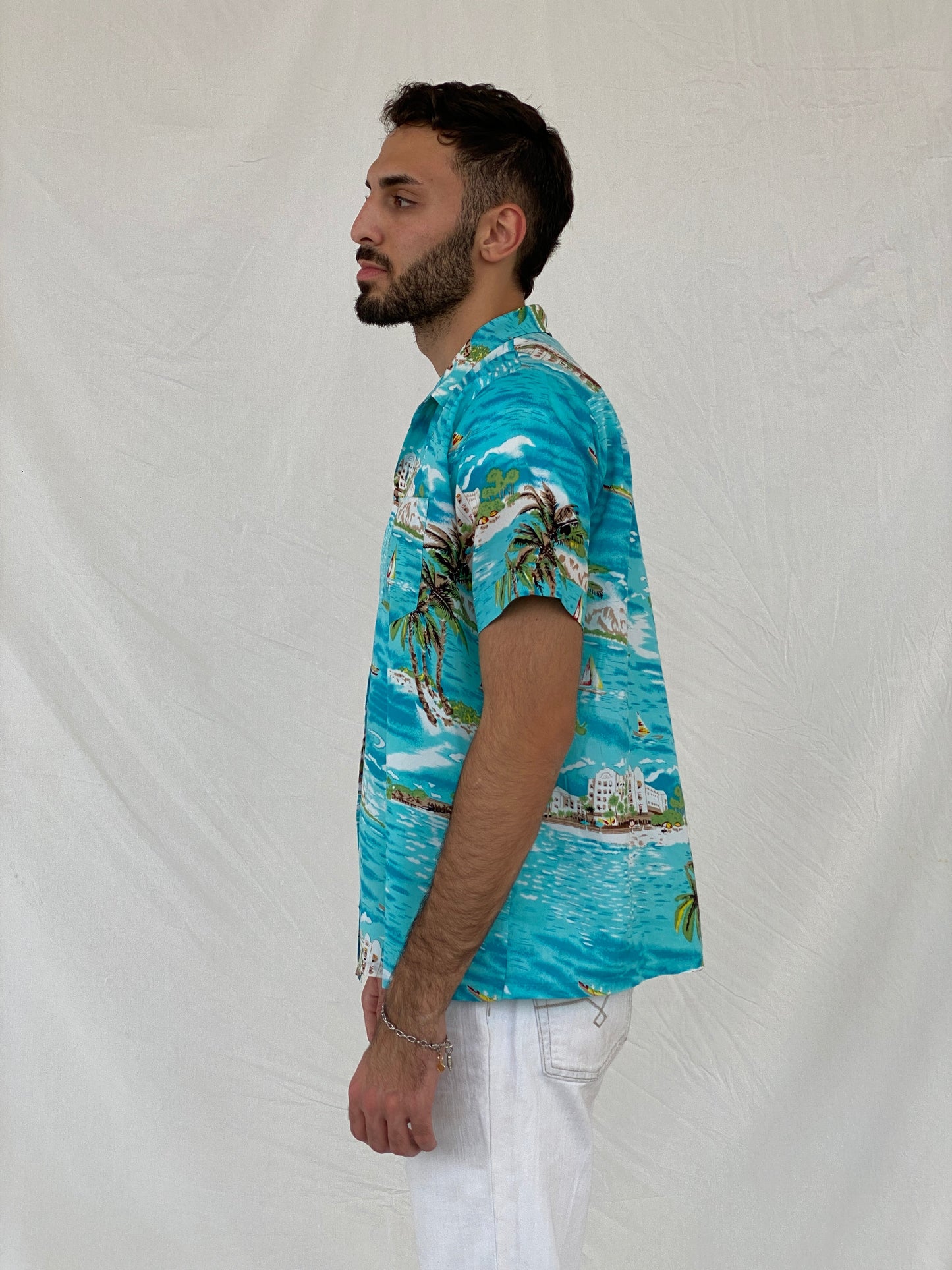 Vintage Romani Graphic Hawaiian Blue Beach Shirt - L