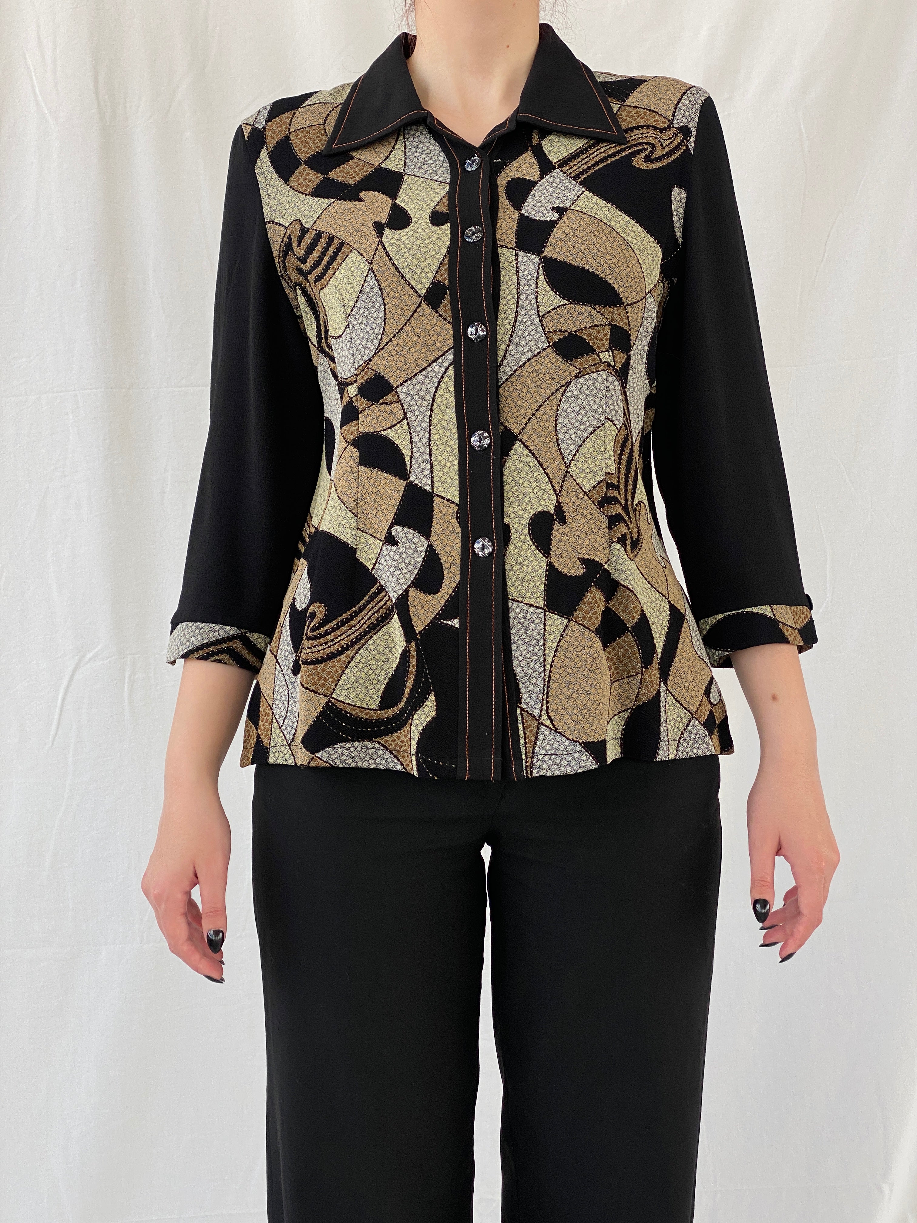 Vintage Telihuang Black and Beige Women’s Abstract Design Shimmery Buttoned Shirt - XL
