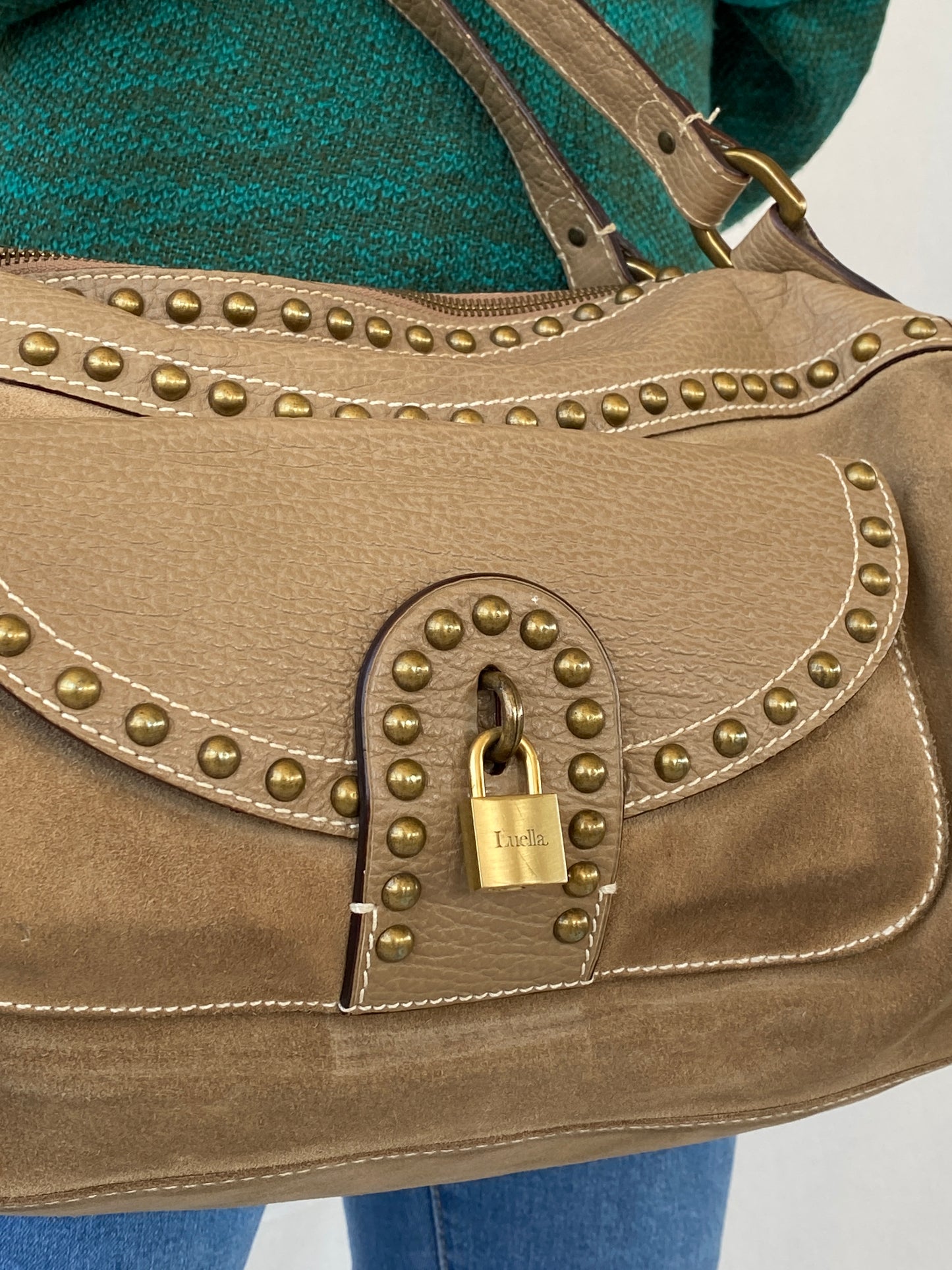 Luella Runway Studded Leather Suede Blend Satchel Duffel Bag