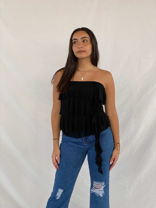 Y2K Supré Ruffled Tube Black Top - Balagan Vintage Sleeveless Top 00s, 90s, NEW IN, Rama