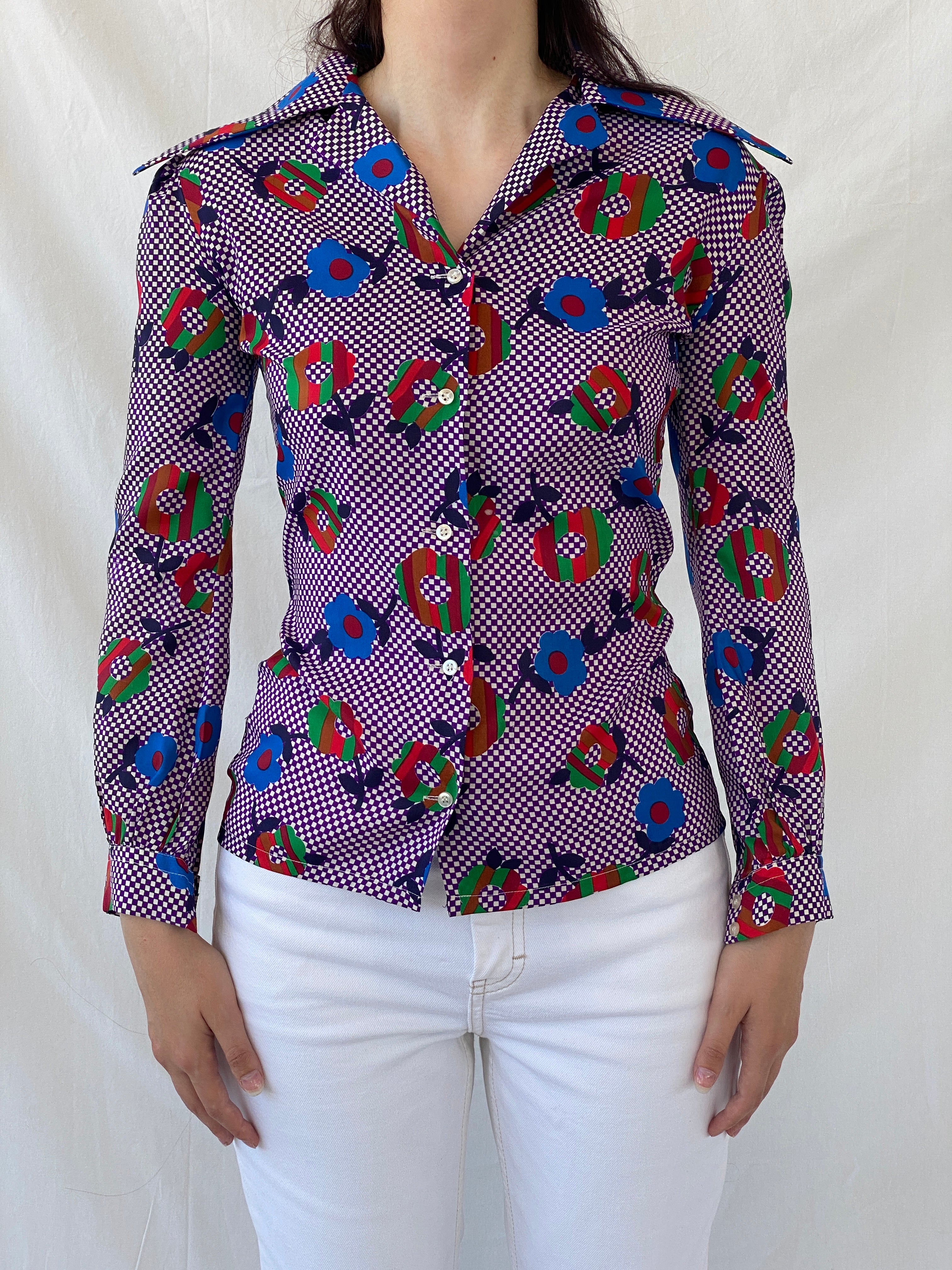 Vintage Qwer Geometric Floral Art Color Blast Full Sleeve Shirt - S