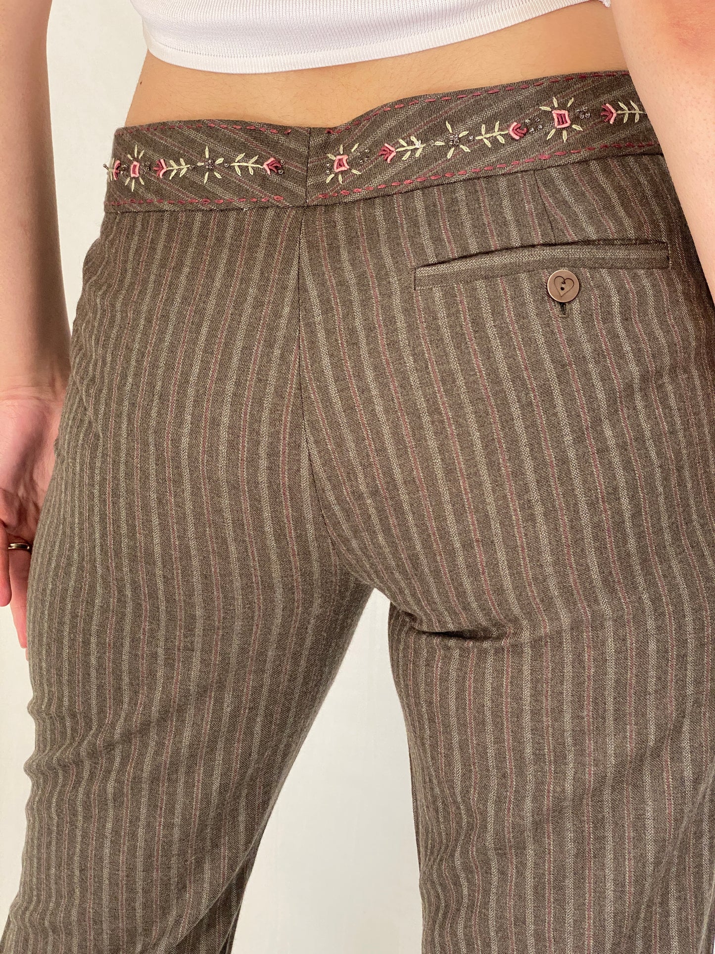 Vintage Rebecca Taylor Brown Wool Pinstripe Embroidered Flare Pants - M