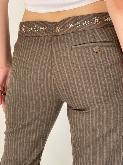Vintage Rebecca Taylor Brown Wool Pinstripe Embroidered Flare Pants - M