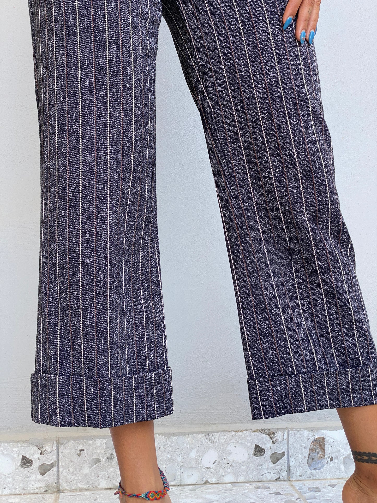 Vintage Y2K Grey Pinstripe Cropped Wide Leg Trousers Low Rise Office Siren Pants - S