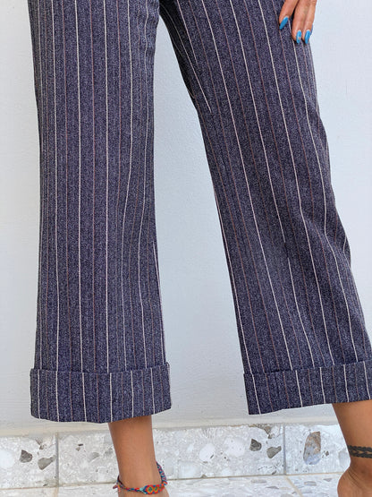 Vintage Y2K Grey Pinstripe Cropped Wide Leg Trousers Low Rise Office Siren Pants - S