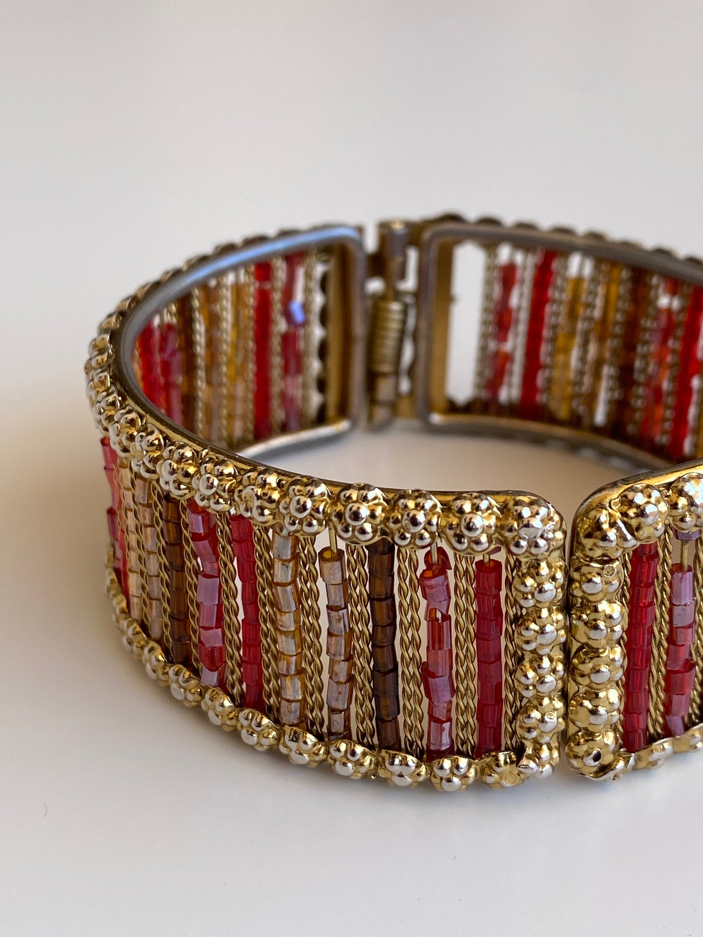 Vintage Gold-Tone Red & Amber Beaded Hinged Cuff Bracelet