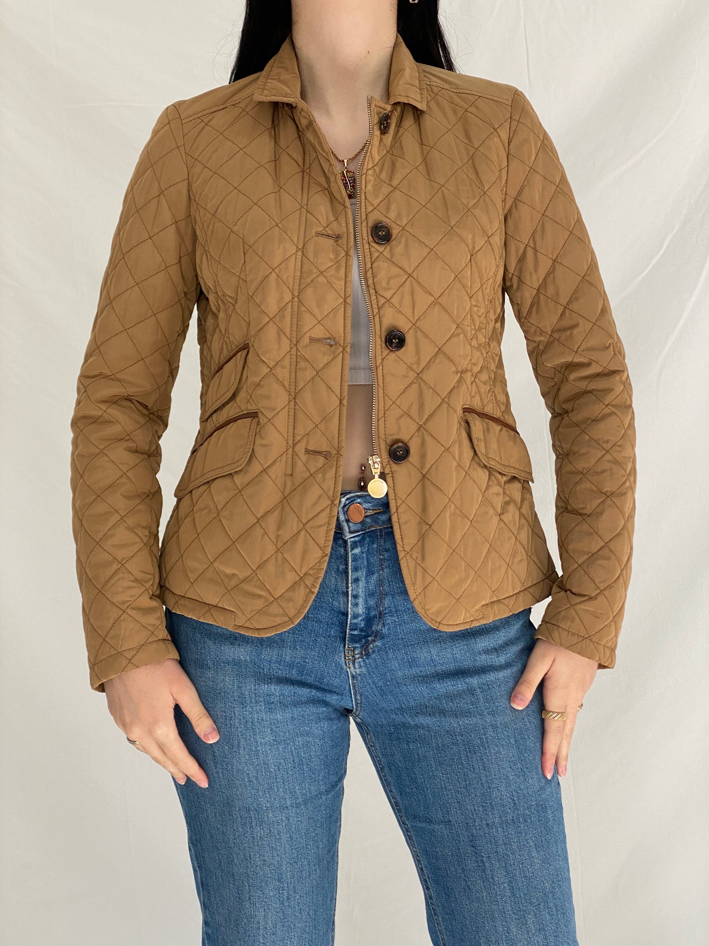 Massimo Dutti Camel Quilted Riding Jacket Fitted Equestrian Diamond Stitch Jacket - S