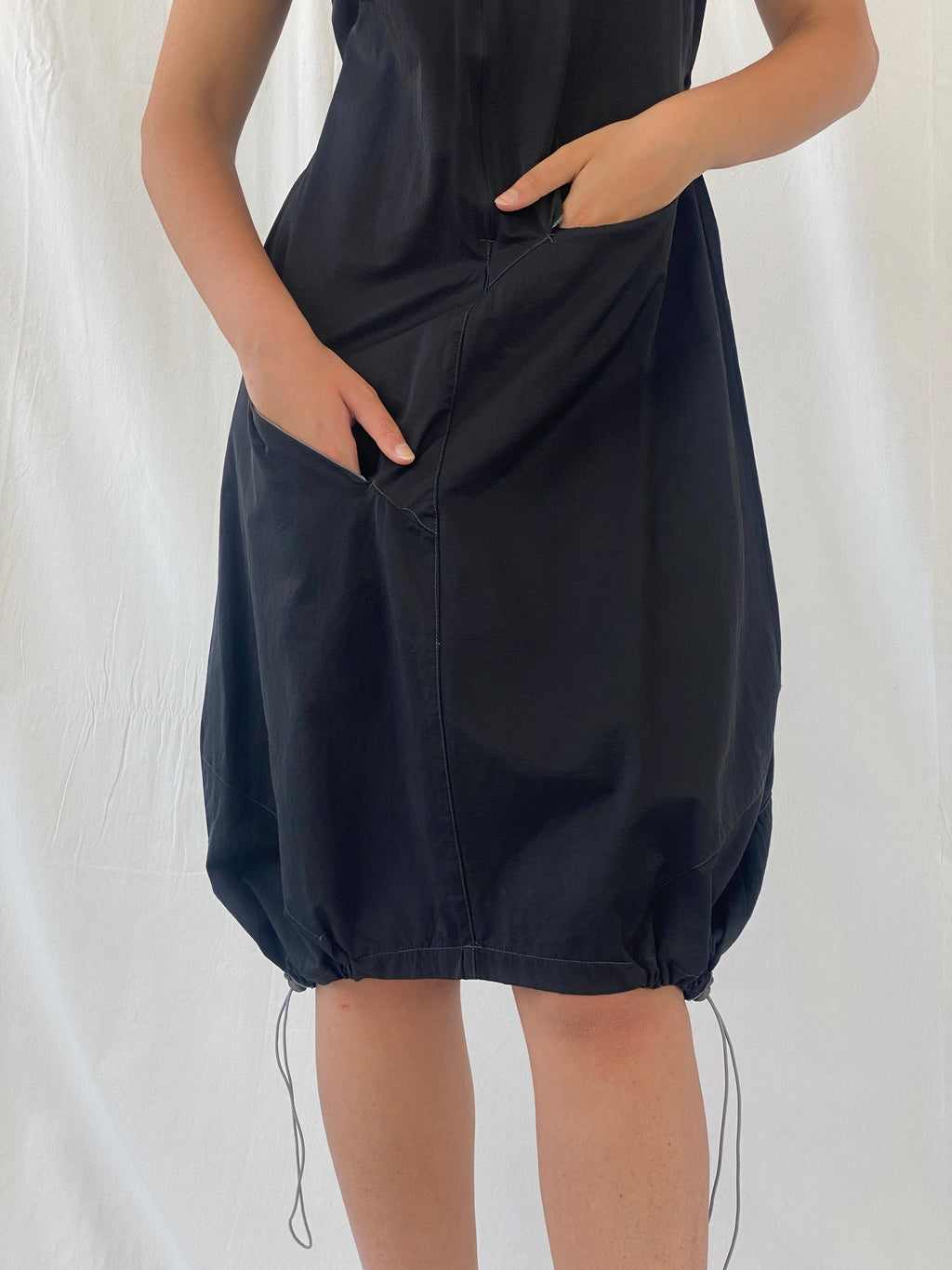 Vintage Y2K Futuristic Tunic Tafetta Whimsygoth Black Drawstring Midi Dress - L