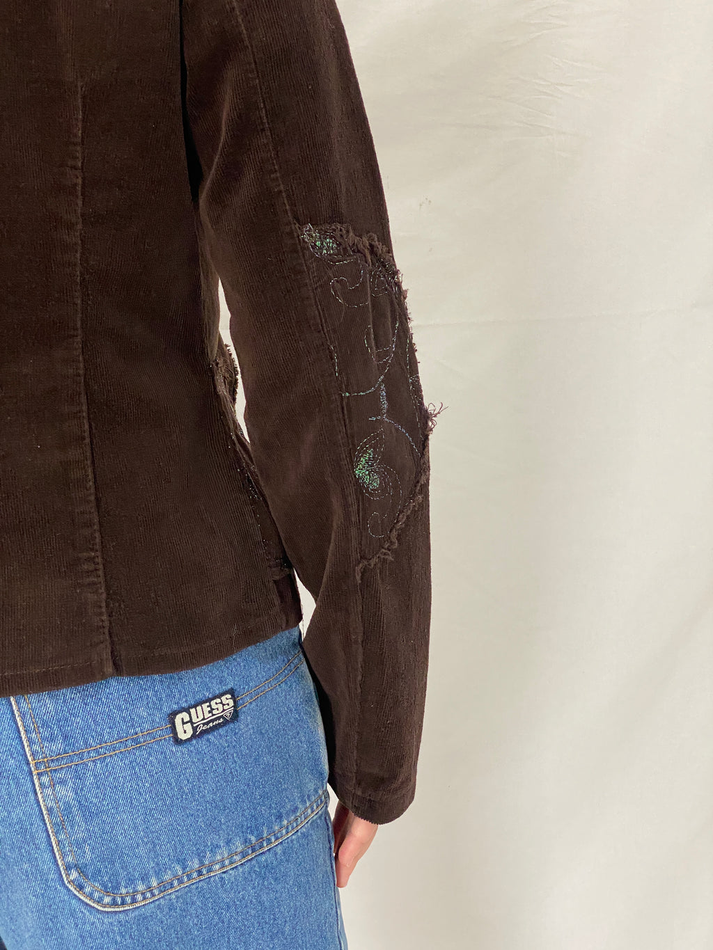 Vintage Y2K Italian Corduroy Blazer  Chocolate Distressed Raw Edge Embroidered Jacket - S