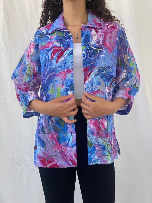 Vintage ALIA Floral Blue Pink Sheer Women’s 3/4 Sleeve Shirt - M