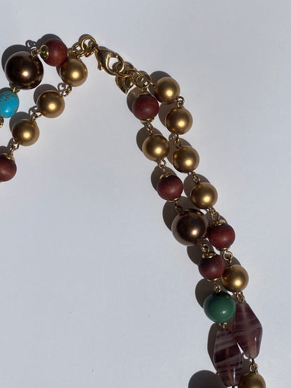 Vintage Carolee Multi-Bead Double Strand Brown Gold Necklace