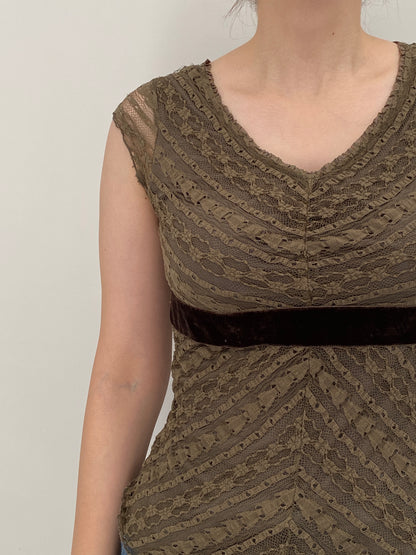 Vintage Y2K Merona Olive Green Lace Velvet Empire Waist Top – S