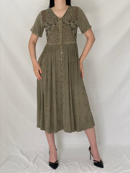 Vintage 90s Olive Embroidered Boho Rayon Blend Button Midi Dress – M