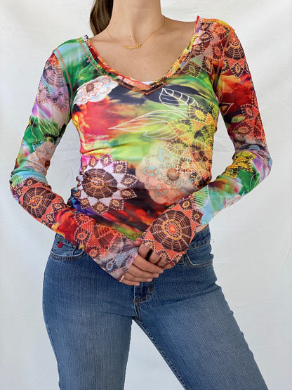 United Colors of Benetton Floral Graphic Mesh Full Sleeve Top - S