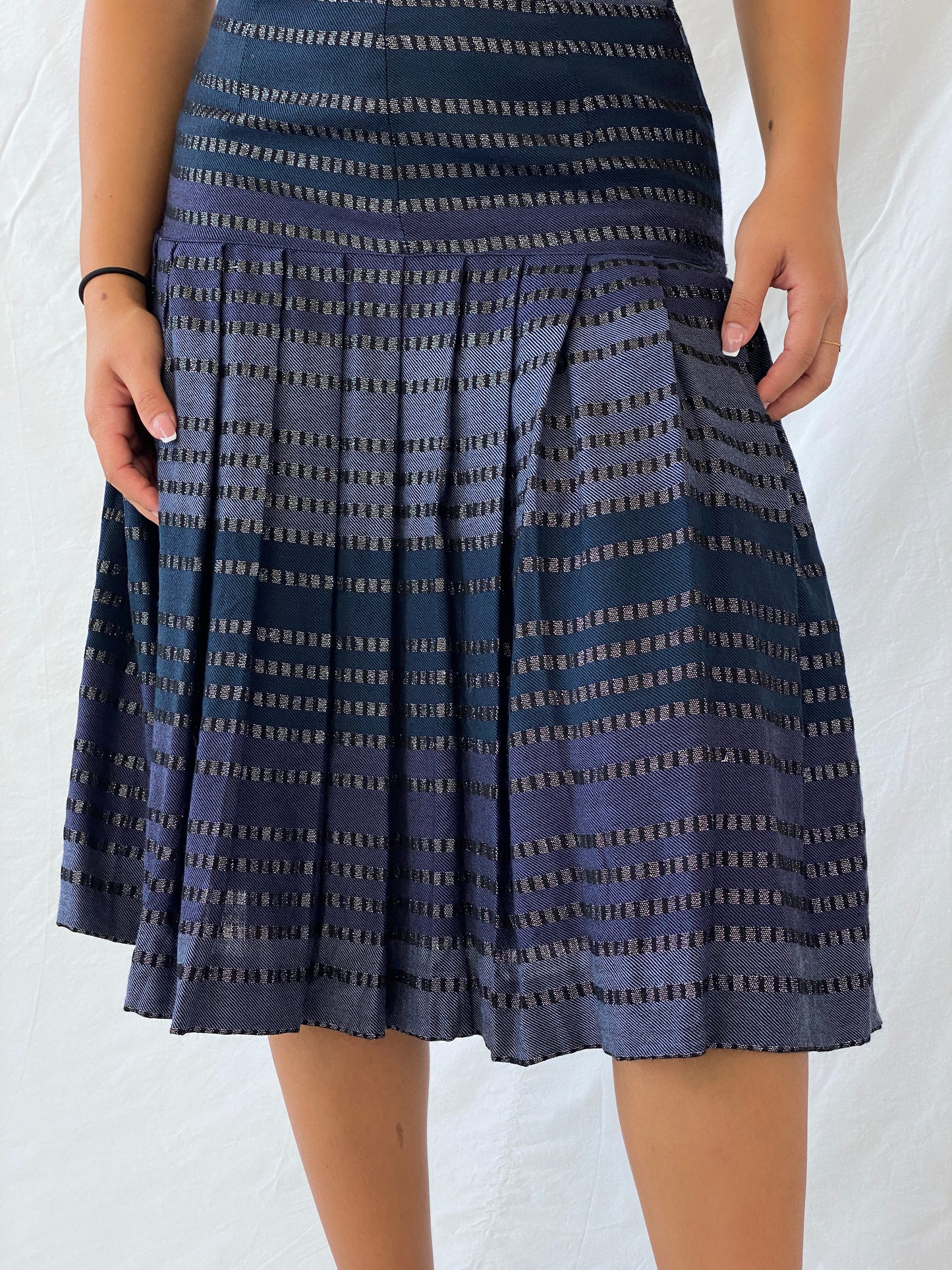 Vintage Carla Carini Blue And Black Pleated Midi Skirt - S