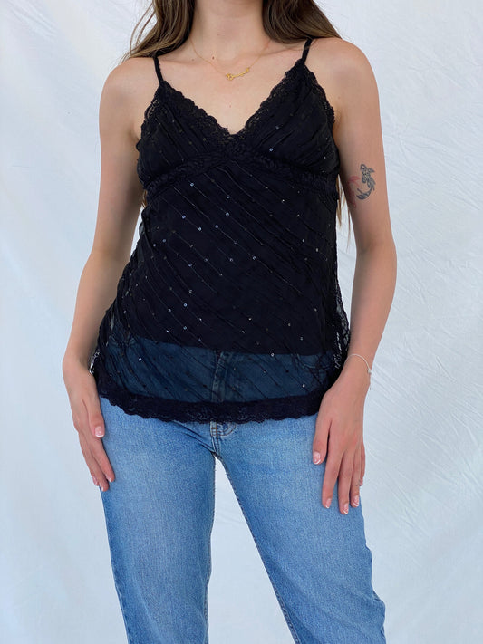 Vintage 90s Fire Los Angeles Sequin Black Lace Trim Cami Top - S