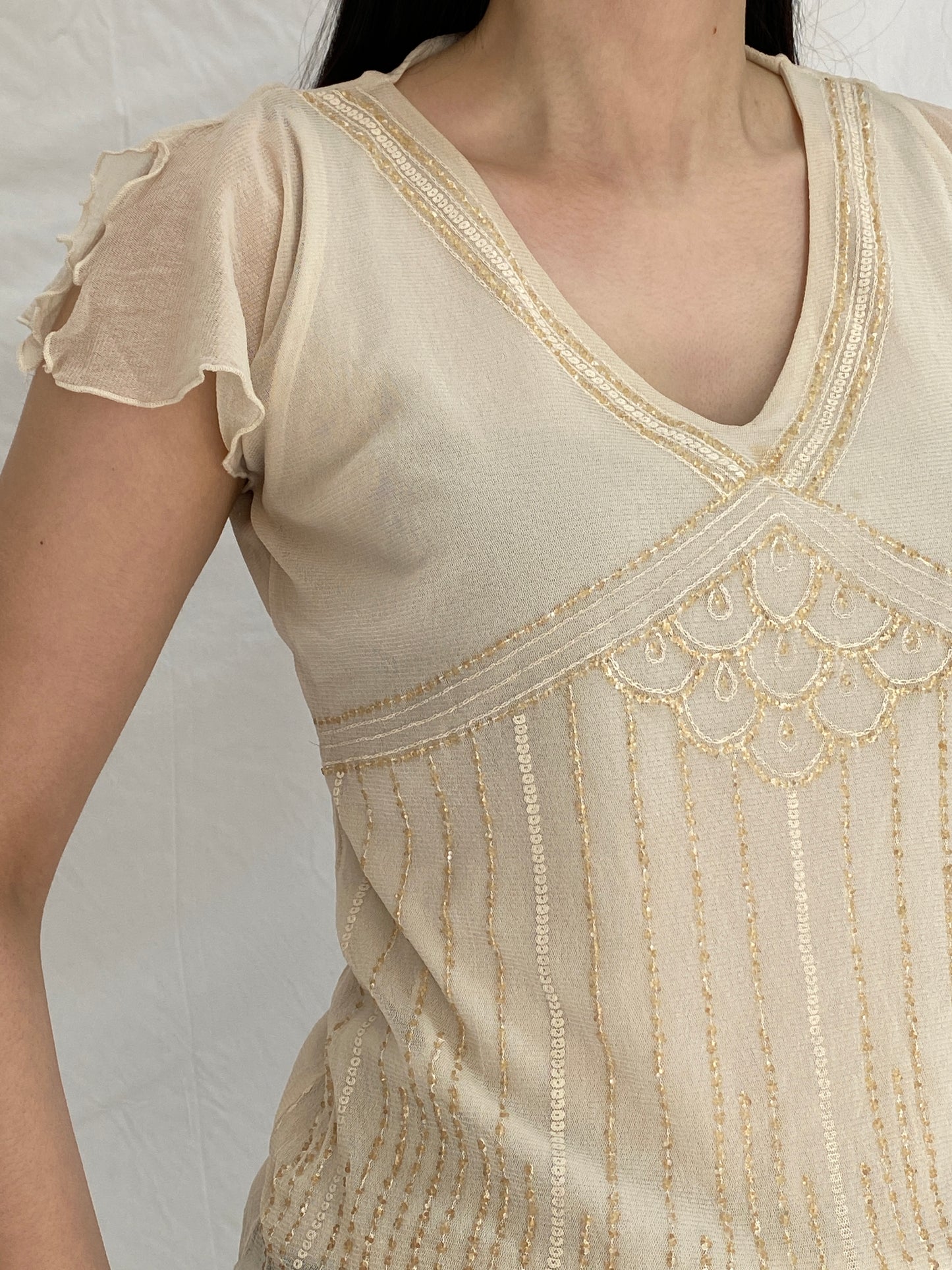 Vintage Y2K BHS Cream Beaded Mesh Top Sheer Sequin Embellished Blouse - L