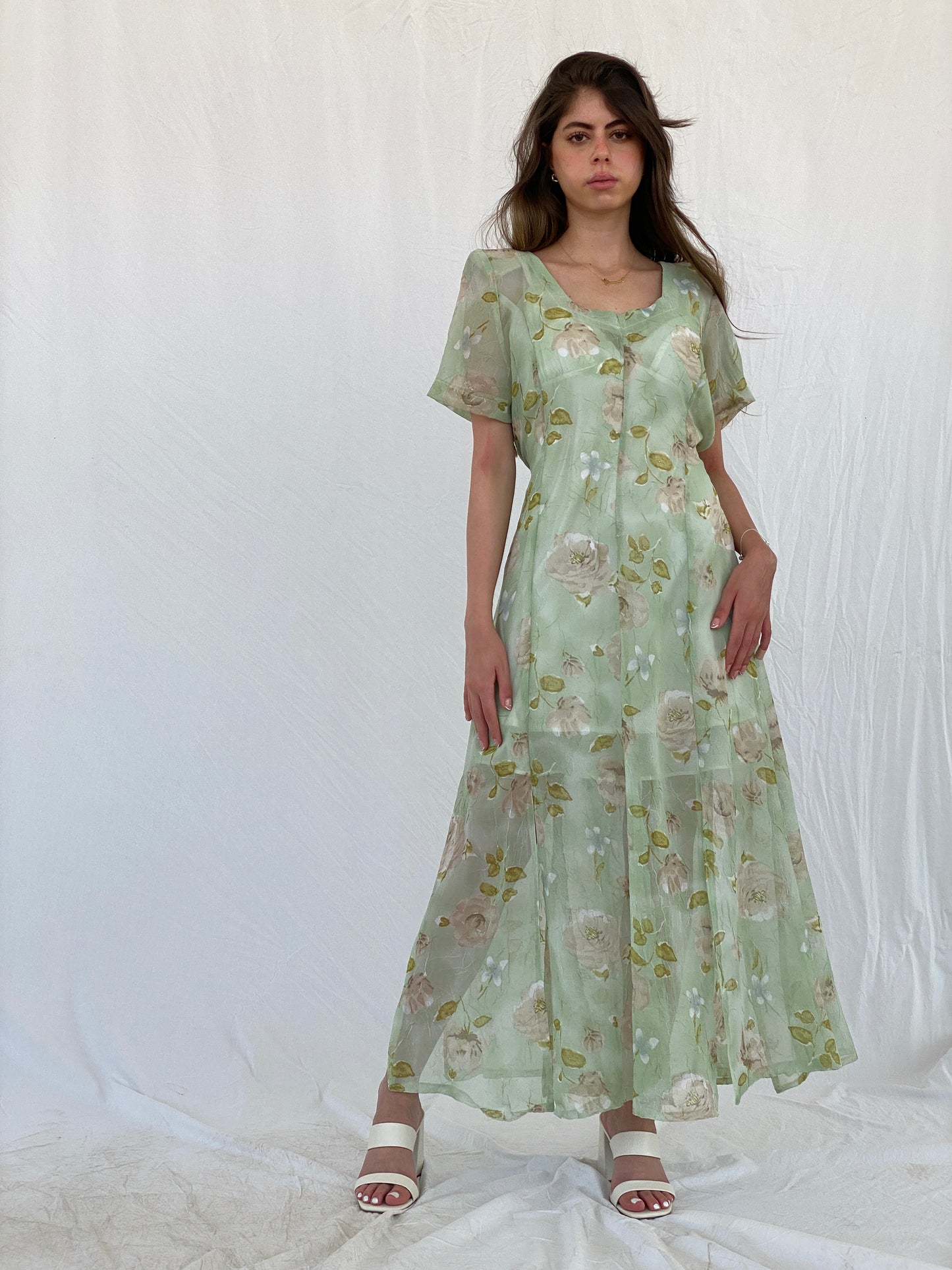 Vintage Handmade Mint Green Sheer Floral Print Maxi Dress - M