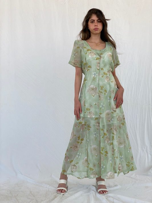 Vintage Handmade Mint Green Sheer Floral Print Maxi Dress - M