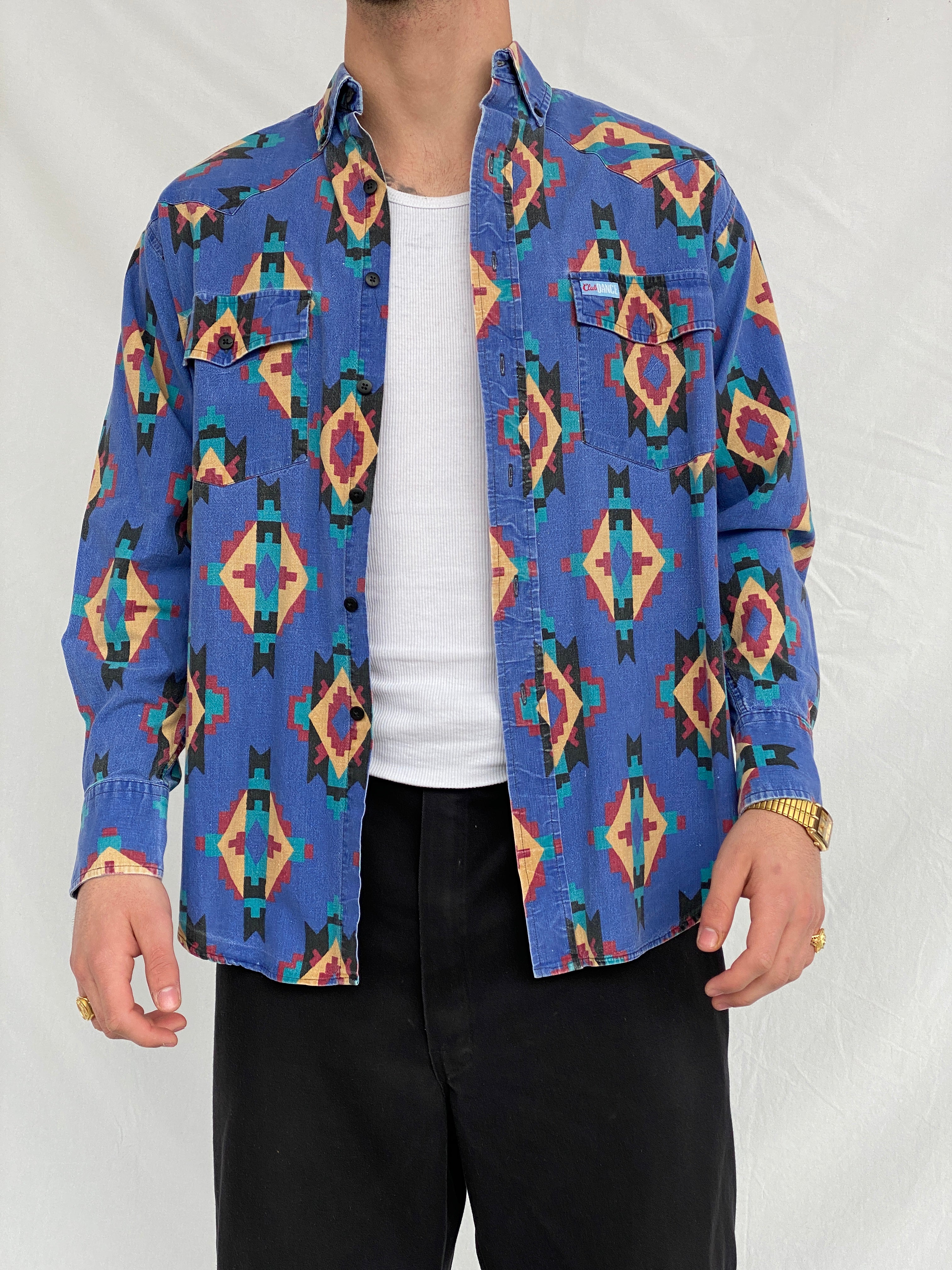 Vintage 90s Club Dance Men’s Western Print Long Sleeve Button Up Cotton Shirt - M