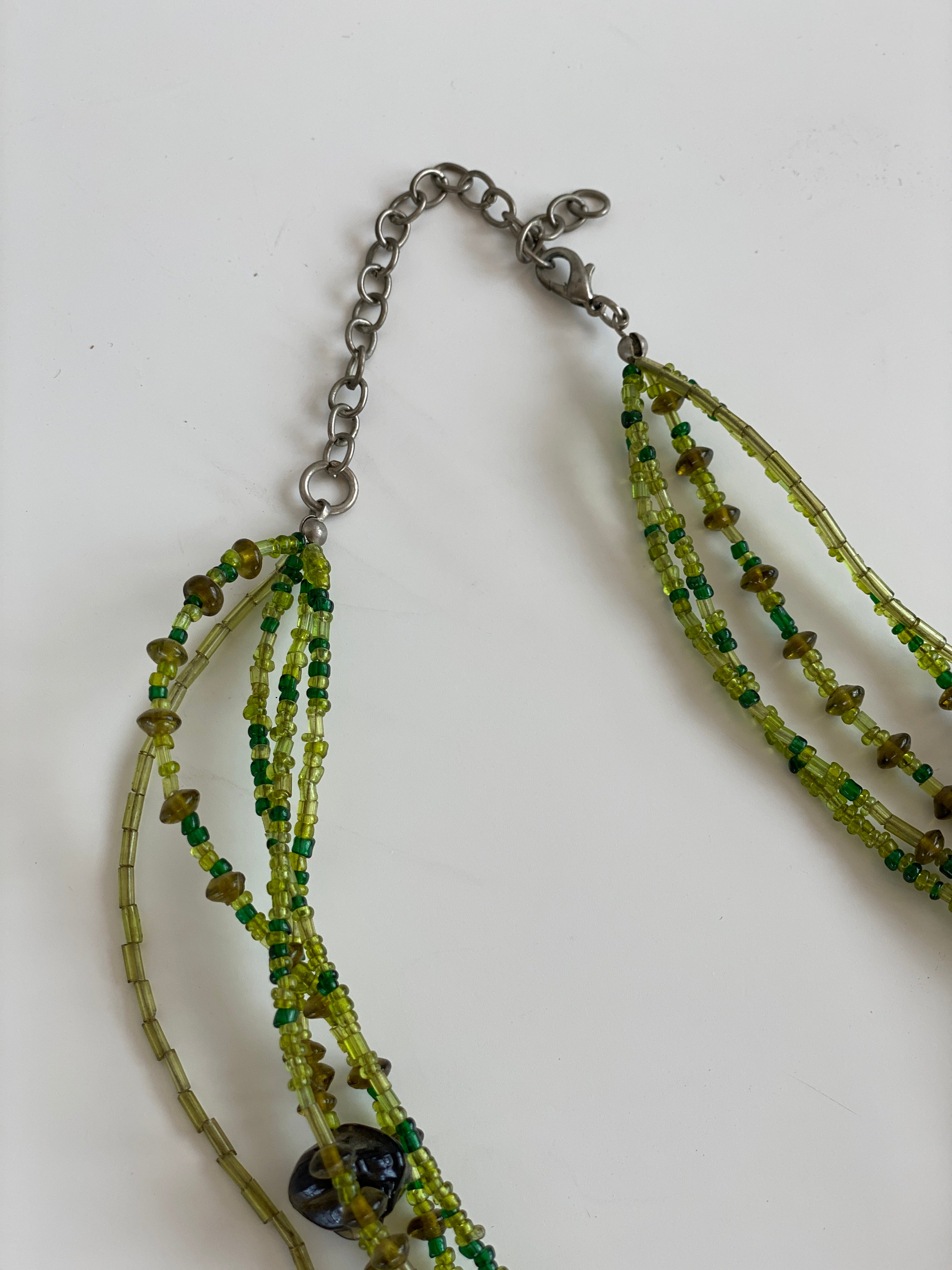 Vintage Green Multi-Strand Glass Bead Chocker Necklace – Layered Boho Statement Jewelry