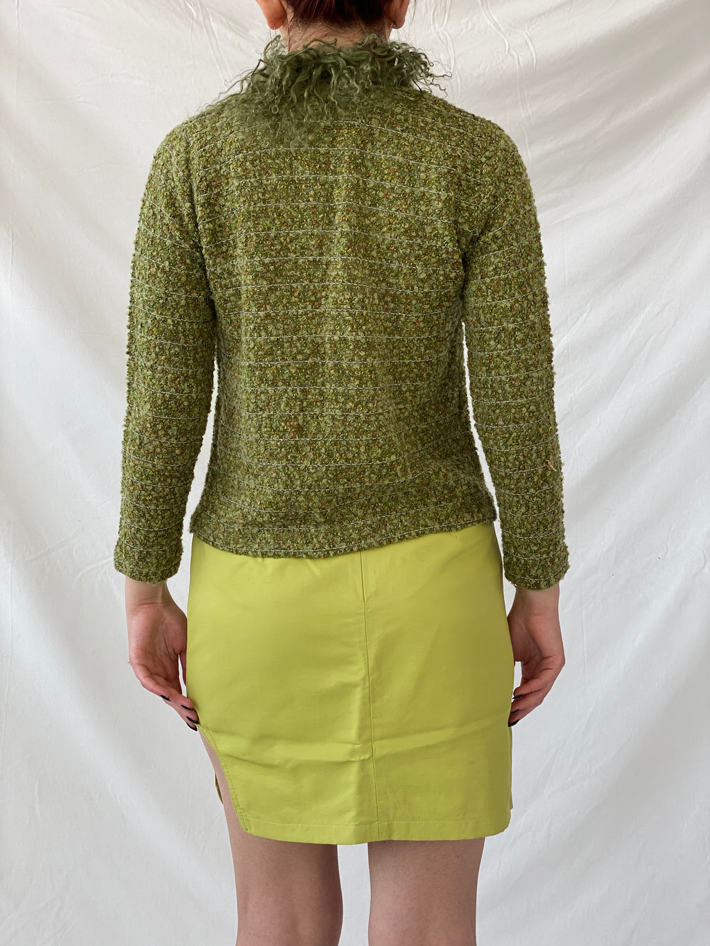 Y2K Queence Green Tweed Fur Collar Textured Women’s Cardigan - XS