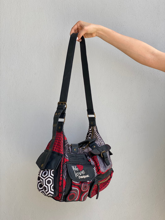 Vintage Y2K Desigual Patchwork Print Multi Pocket Shoulder Bag Boho Graphic Tote