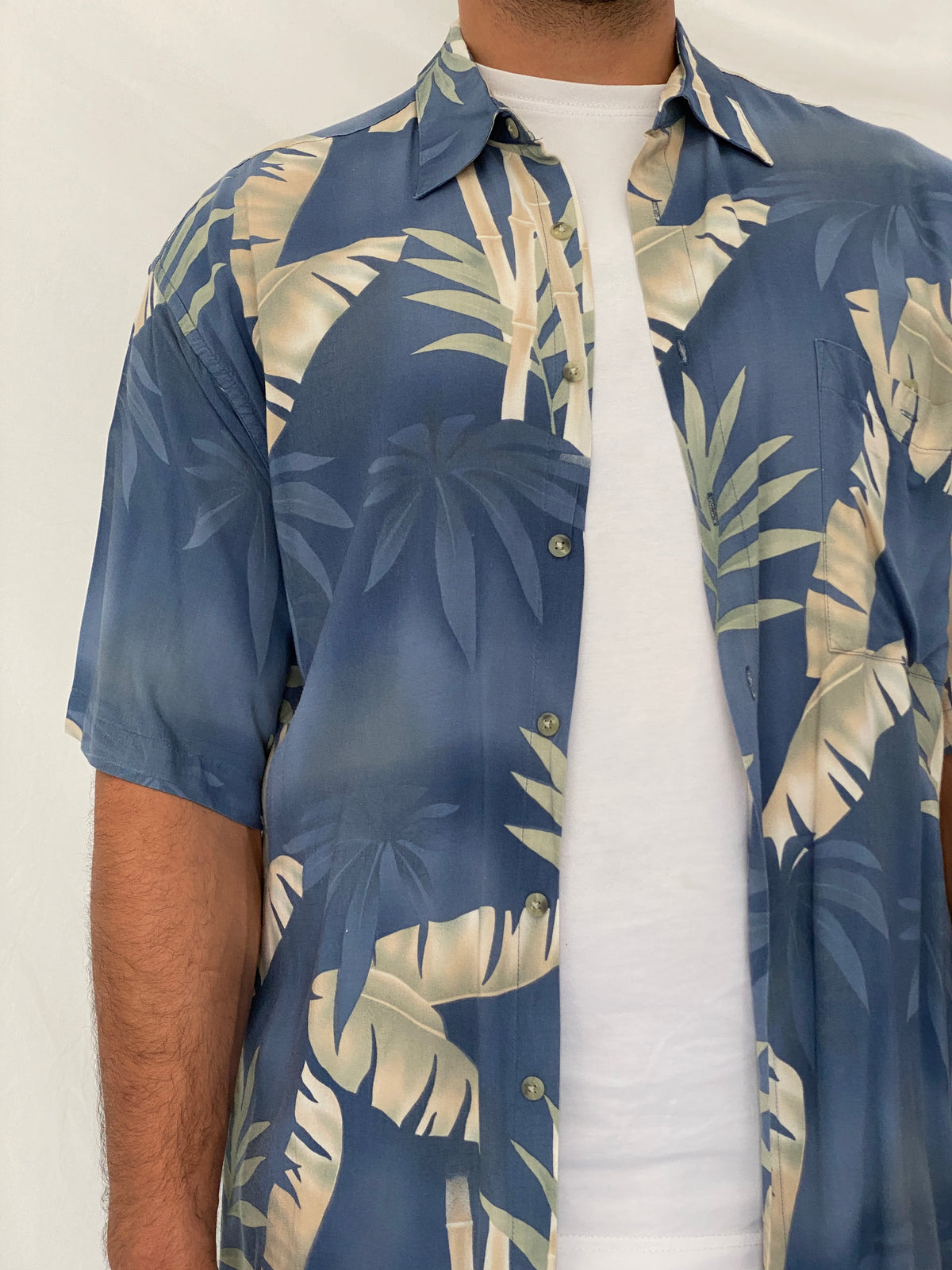 Vintage 90s Pierre Cardin Blue Tropical Rayon Hawaiian Shirt – L Vintage 90s Pierre Cardin Blue Tropical Rayon Hawaiian Shirt – L