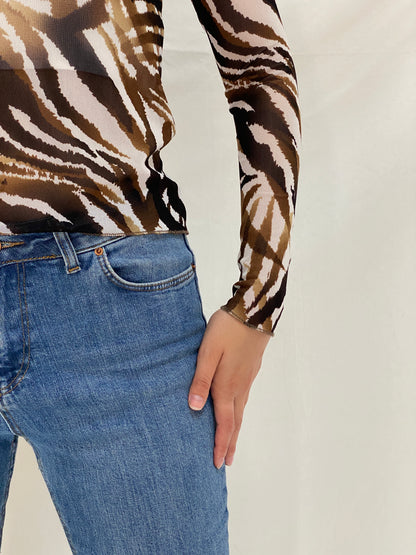 Vintage Pinto de Castro Brown Zebra Print Mesh Long Sleeve Top – M
