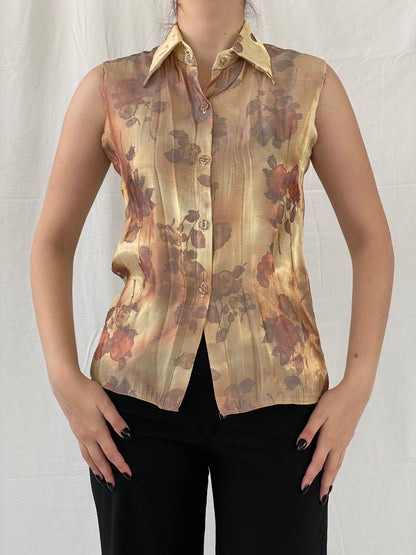 Vintage Shimmery Gold Women’s Buttoned Floral Sleeveless Shirt - M