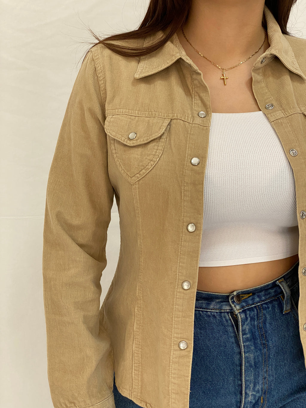 Vintage Y2K Periscope Tan Corduroy Western Full Sleeve Shirt - M