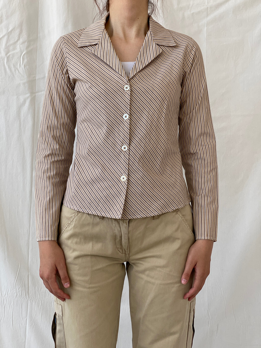 Y2K Rampage Striped Beige Long Sleeve Office Women’s Cotton Shirt - M