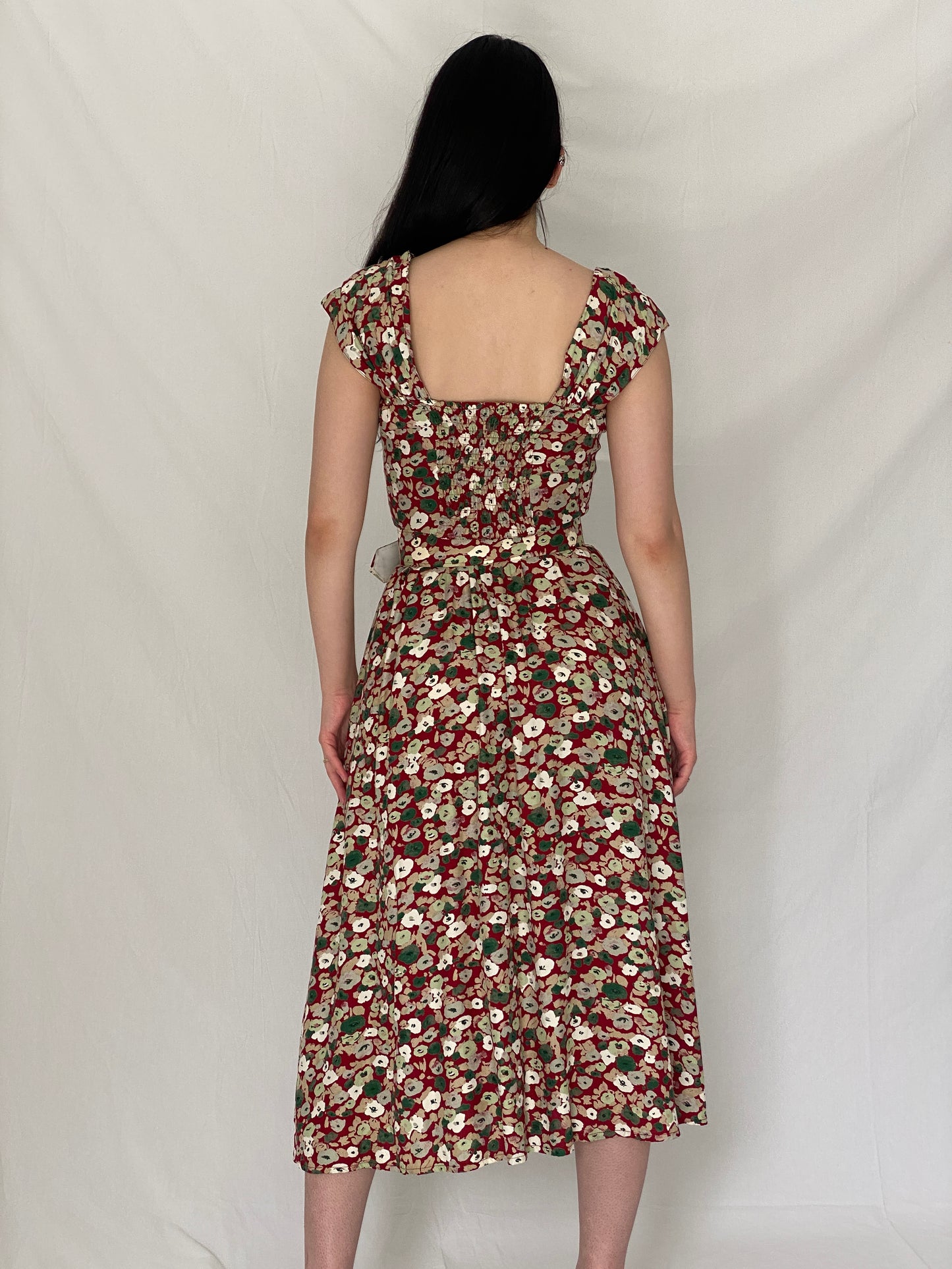 Romantic Vintage Magnolia Red Floral Button-Front Belted Midi Dress – S