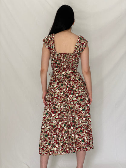 Romantic Vintage Magnolia Red Floral Button-Front Belted Midi Dress – S