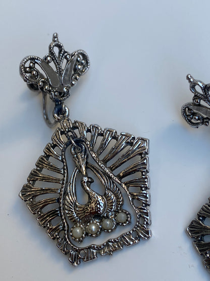 Vintage Silver-Tone Swan Screw-Back Dangle Earrings with Faux Pearls Mid-Century Statement Clip Earrings