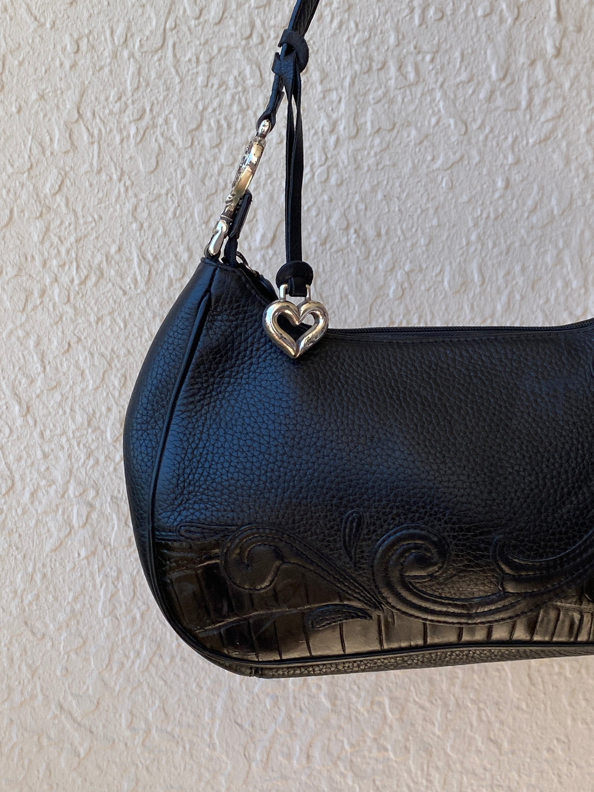 Vintage Y2K Brighton Black Genuine Leather Whimsigoth Shoulder Bag with Heart Charm Vintage Y2K Brighton Black Genuine Leather Whimsigoth Shoulder Bag with Heart Charm
