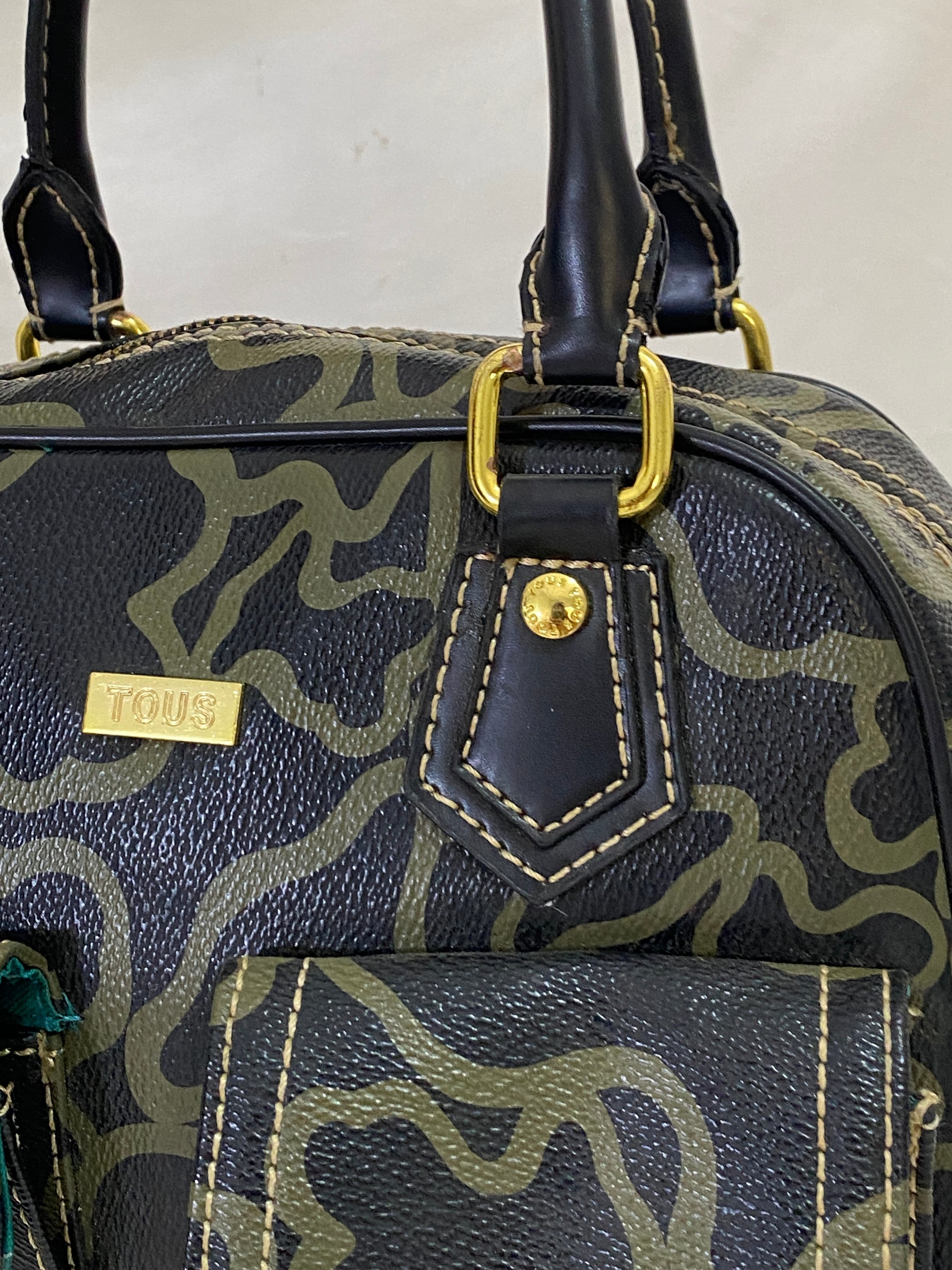 TOUS Kaos Monogram Satchel Bag Black Khaki Bear Logo Bowling Top Handle Purse TOUS Kaos Monogram Satchel Bag Black Khaki Bear Logo Bowling Top Handle Purse