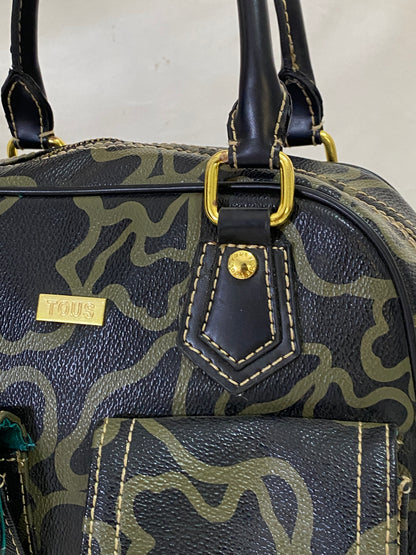 TOUS Kaos Monogram Satchel Bag Black Khaki Bear Logo Bowling Top Handle Purse