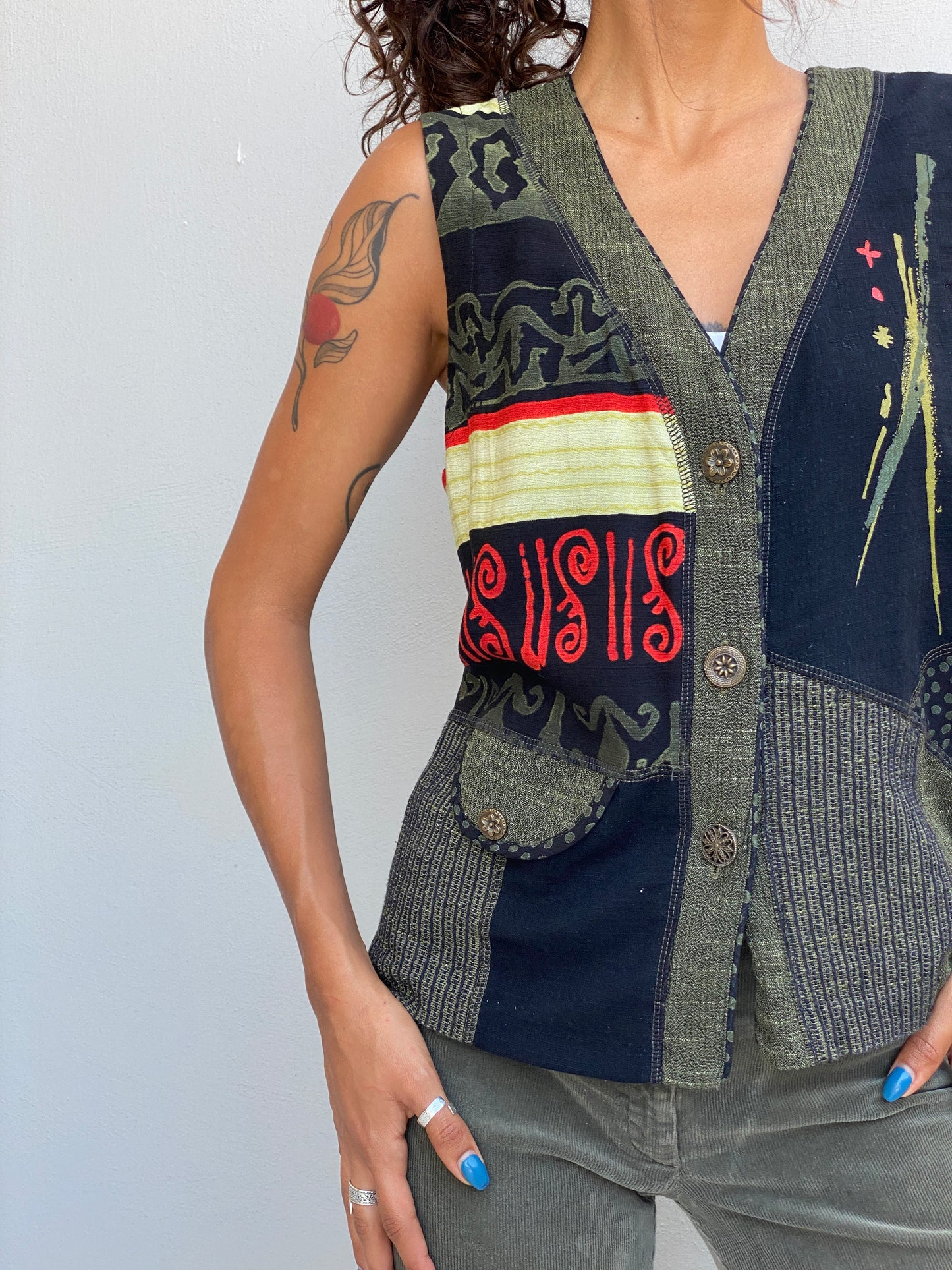 Vintage 90s Nancy Bolen Olive Green Patchwork Boho Vest – M