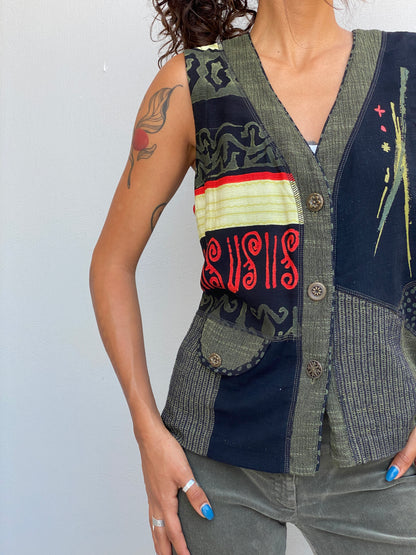 Vintage 90s Nancy Bolen Olive Green Patchwork Boho Vest – M