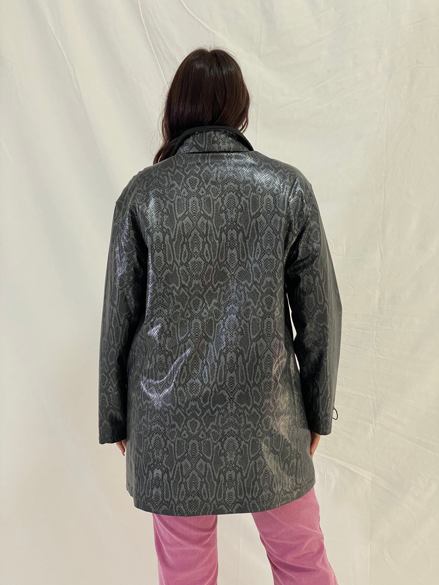 Vintage Lisa Tossa Black Metallic Snake Print Long Raincoat Jacket – M