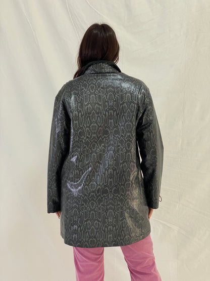 Vintage Lisa Tossa Black Metallic Snake Print Long Raincoat Jacket – M